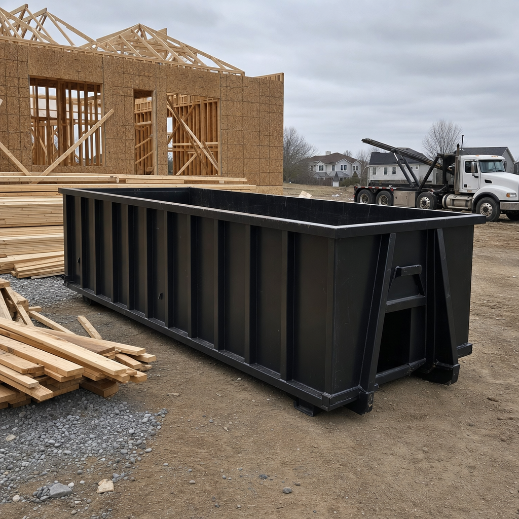 Matte-black 40-yard roll-off dumpster staged on a framed-out residential construction site in Tremonton, framing lumber stacked nearby, hooklift delivery truck visible in the background under bright Colorado daylight