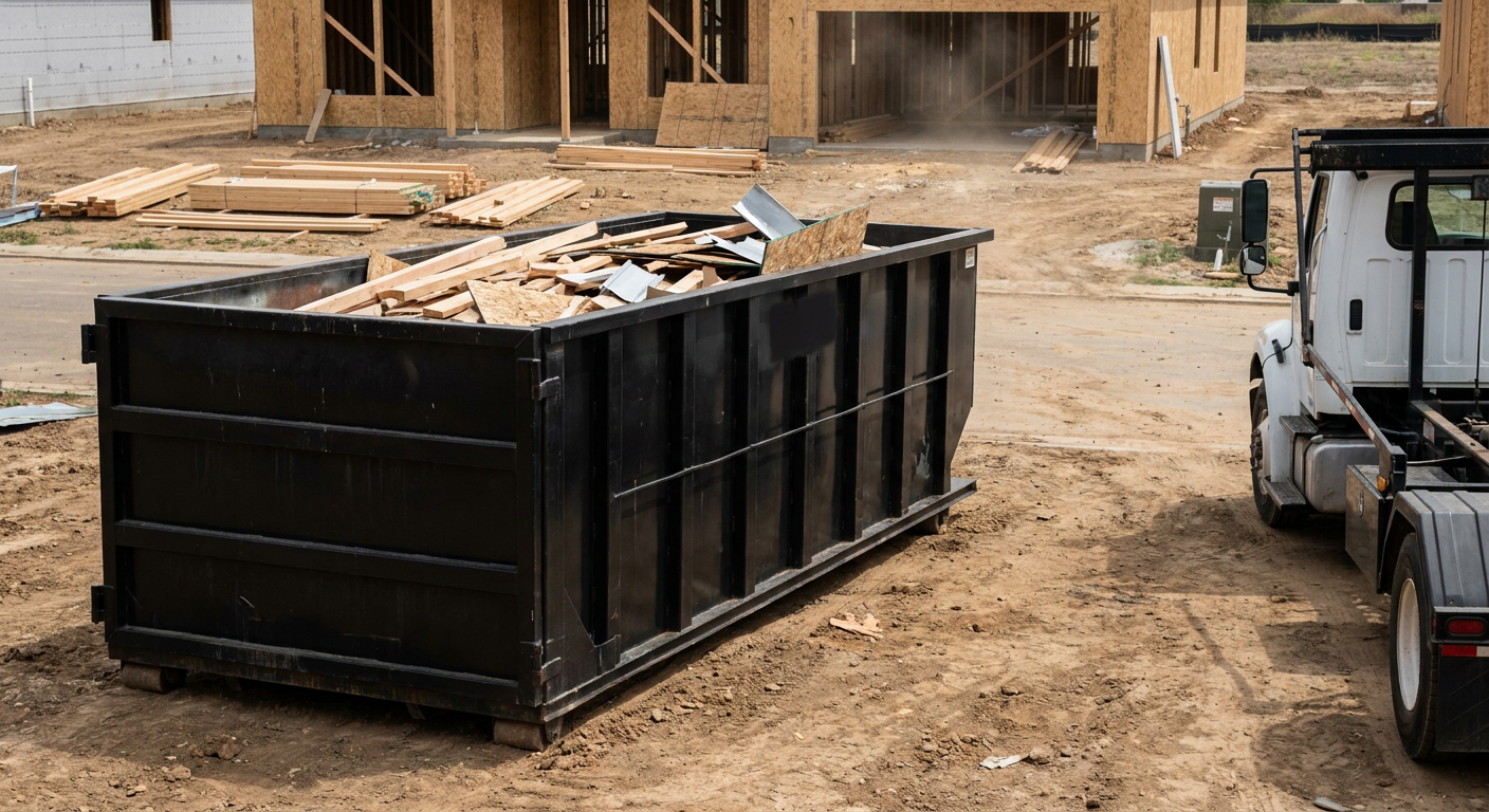 Matte-black 20-yard roll-off construction dumpster with heavy ribbed steel sidewalls and swing rear doors at a working jobsite in Tremonton, sitting directly on compacted dirt with an unmarked white hauler partially visible at the far edge of the frame.