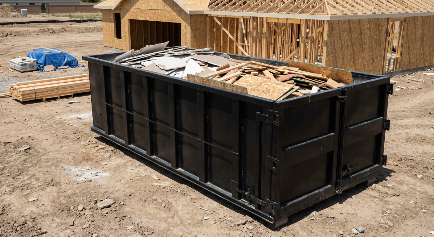 Matte-black 30-yard roll-off construction dumpster sitting directly on the compacted-dirt site of a framed single-family home build in Tremonton, drywall and lumber scrap loaded inside.