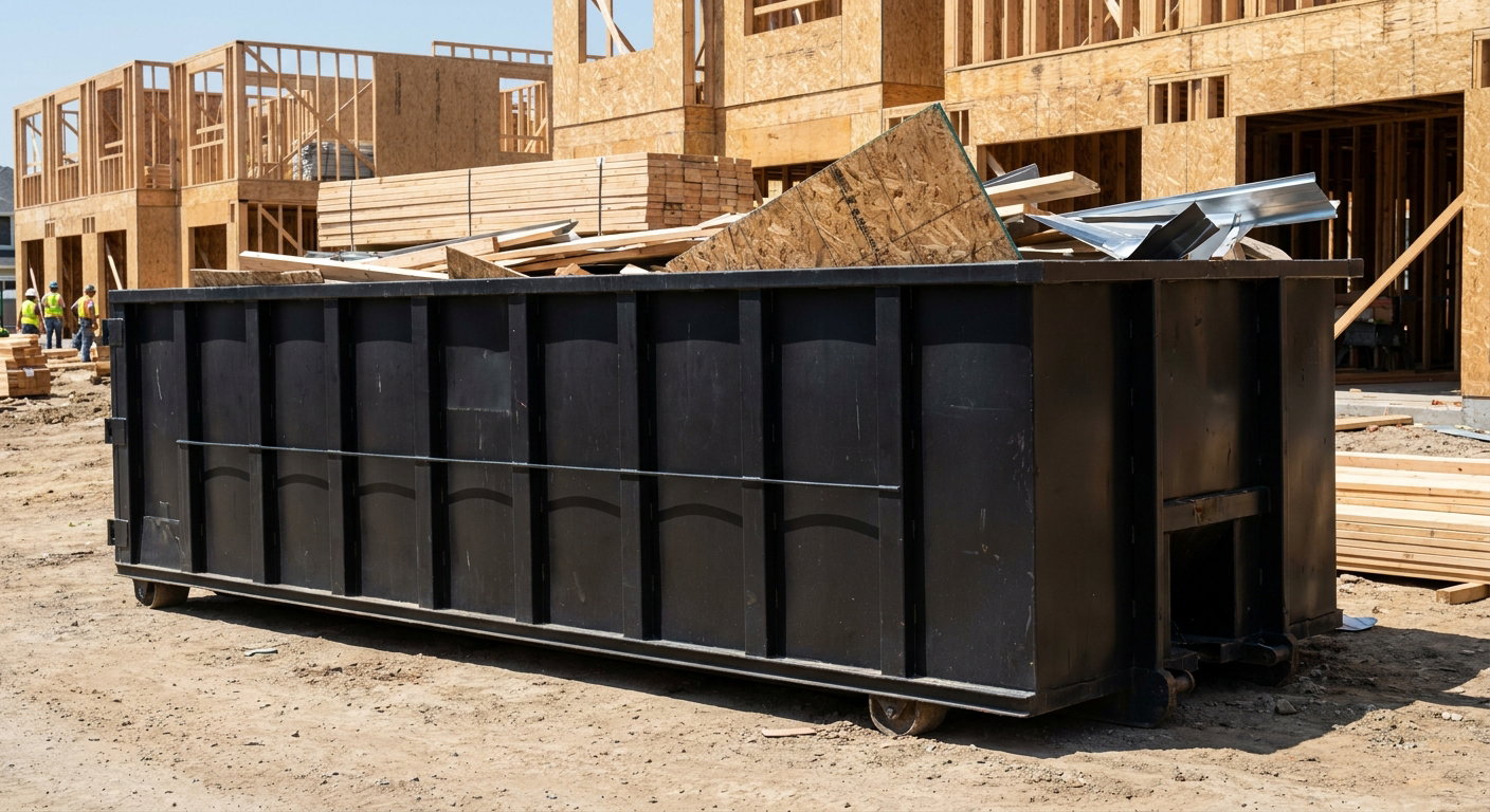 Matte-black 40-yard roll-off construction dumpster being lowered from a white-cab hooklift delivery truck onto the compacted-dirt jobsite at a commercial build site in Tremonton