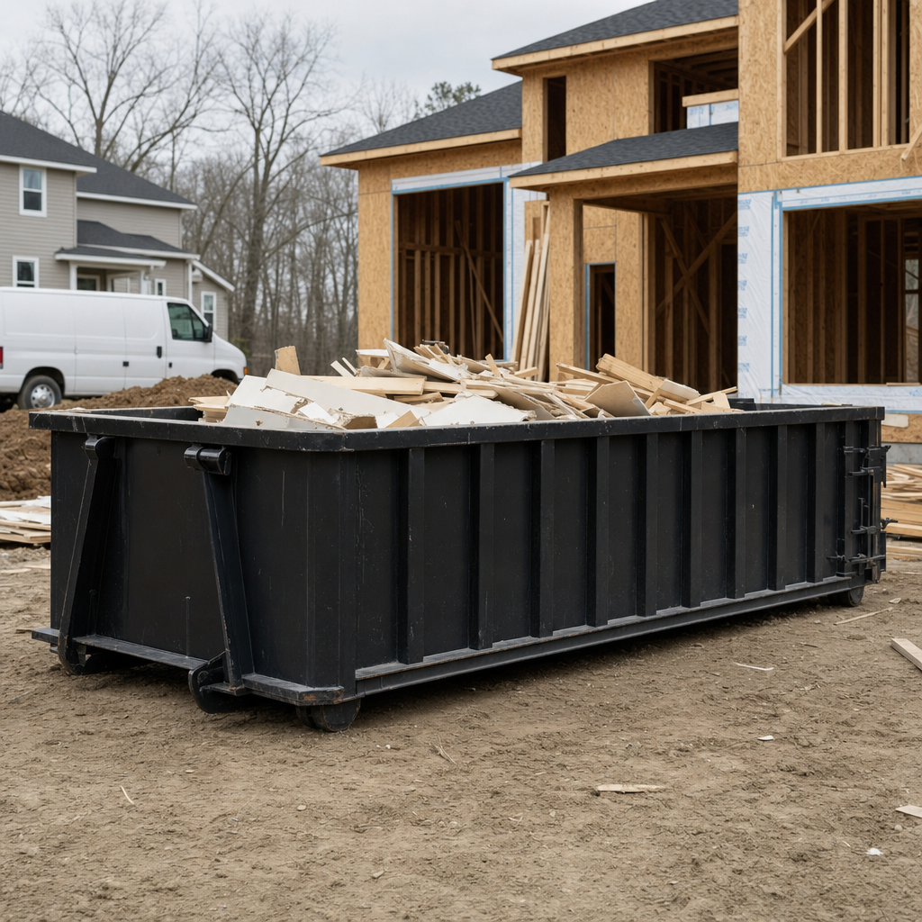Worker in a yellow high-visibility vest tossing framing lumber and broken drywall into a matte-black 30-yard construction roll-off dumpster on an active build site in Tremonton, bright daylight
