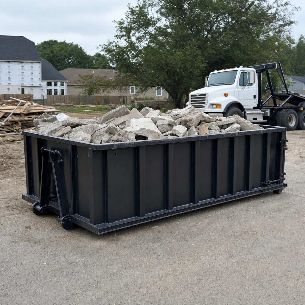 Low-profile matte-black lowboy roll-off dumpster loaded with broken concrete slab and rebar at a foundation tear-out in Tremonton, skid steer parked beside it, sunny Colorado morning