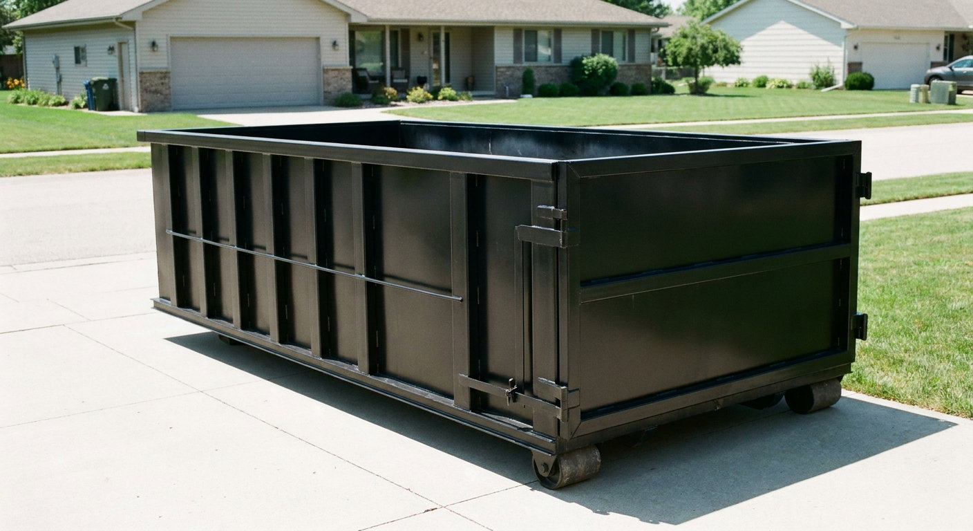 Matte-black 10-yard roll-off dumpster on a residential concrete driveway in Tremonton, uniformly painted matte black across every panel and rail, ribbed steel sidewalls and rear swing door visible, mid-day daylight.