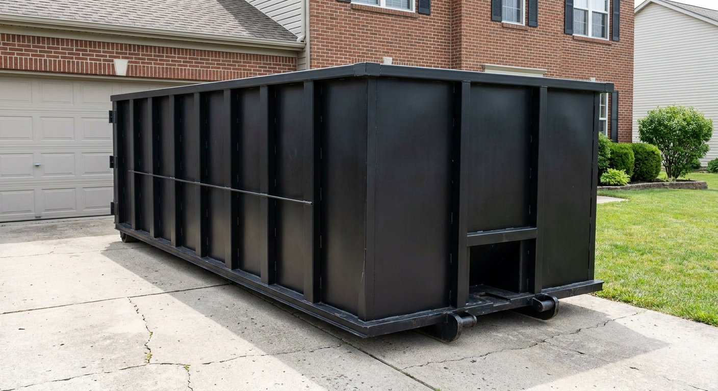 Matte-black 20-yard roll-off container on a Tremonton residential concrete driveway with reinforced ribbed steel sidewalls and a hinged rear walk-in door, clean bright daylight.