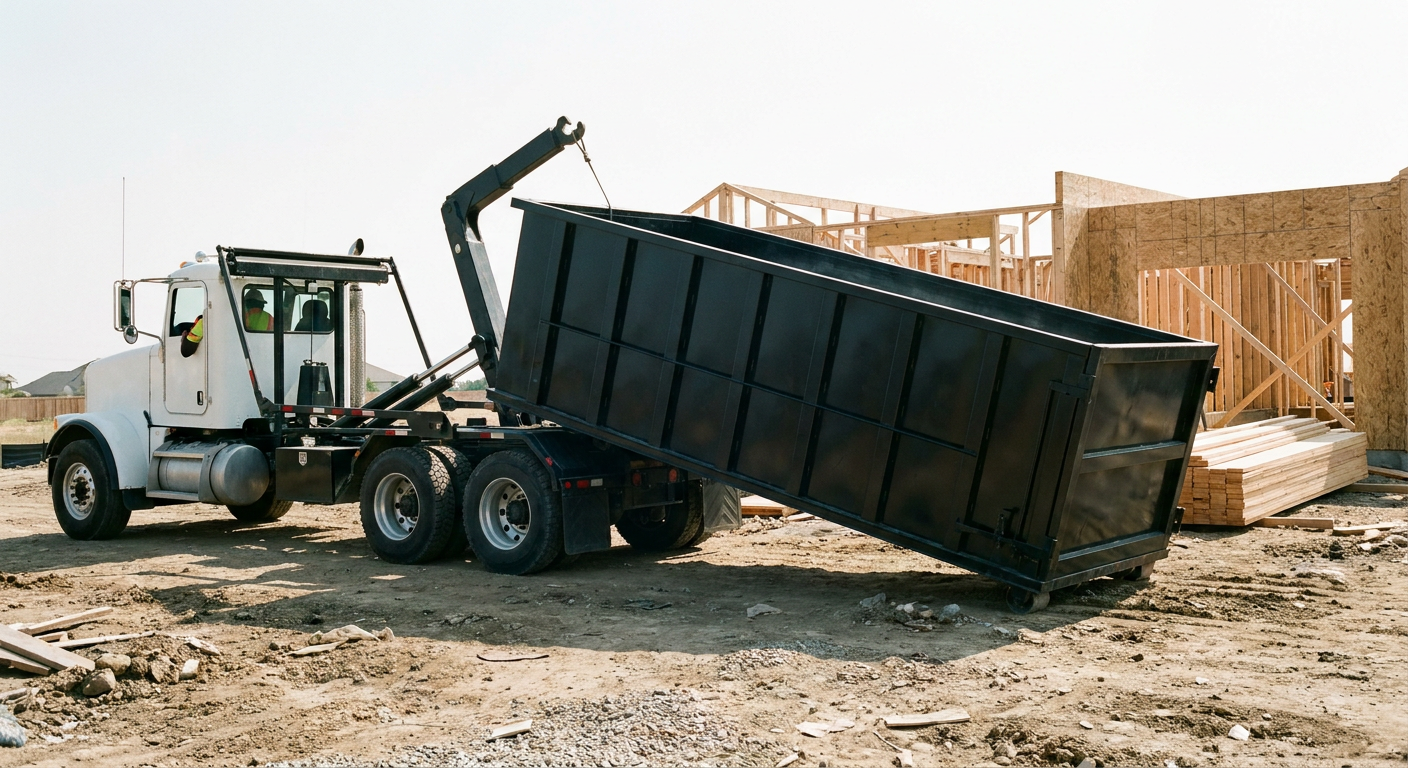 Matte-black roll-off dumpster being delivered onto a clean residential concrete driveway in Tremonton by an unmarked white hooklift hauler truck, bright morning daylight, documentary 35mm perspective.