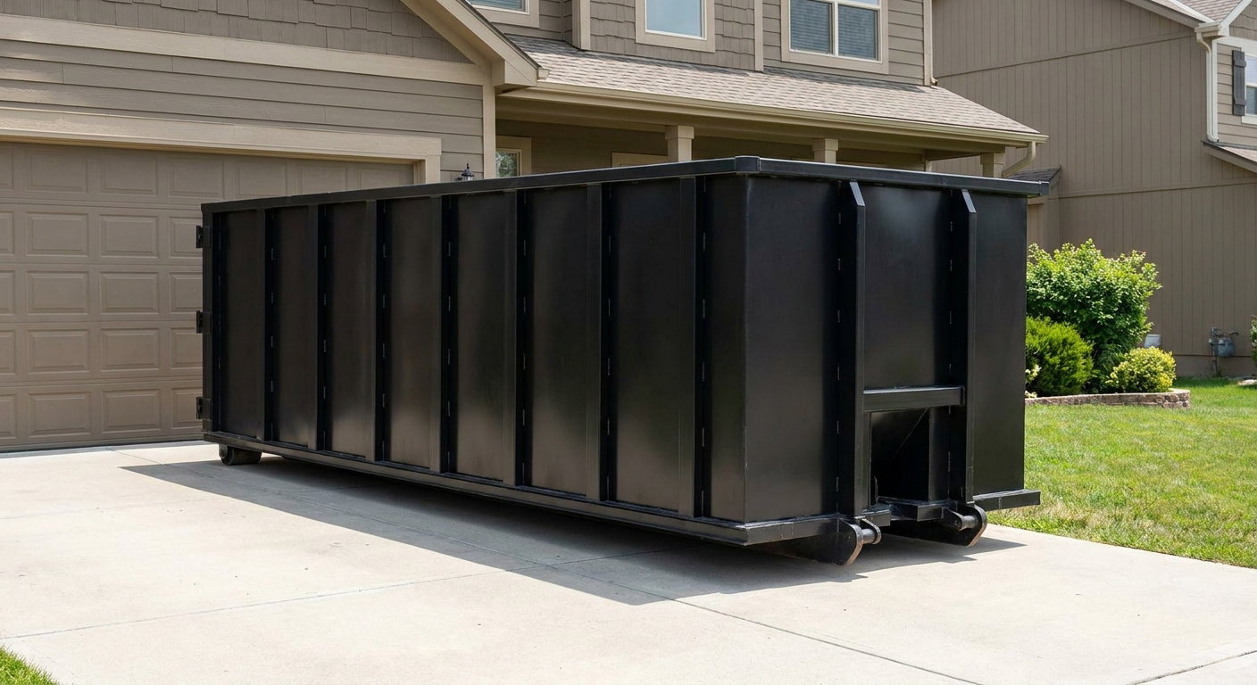 Matte-black residential roll-off dumpster sitting directly on a suburban Tremonton concrete driveway, garage door closed, single-family home in background, bright morning daylight.
