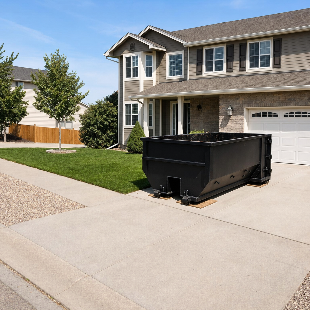 10-yard matte-black residential dumpster placed directly on a narrow Tremonton concrete driveway, room remains for a parked sedan beside it, mid-morning natural light