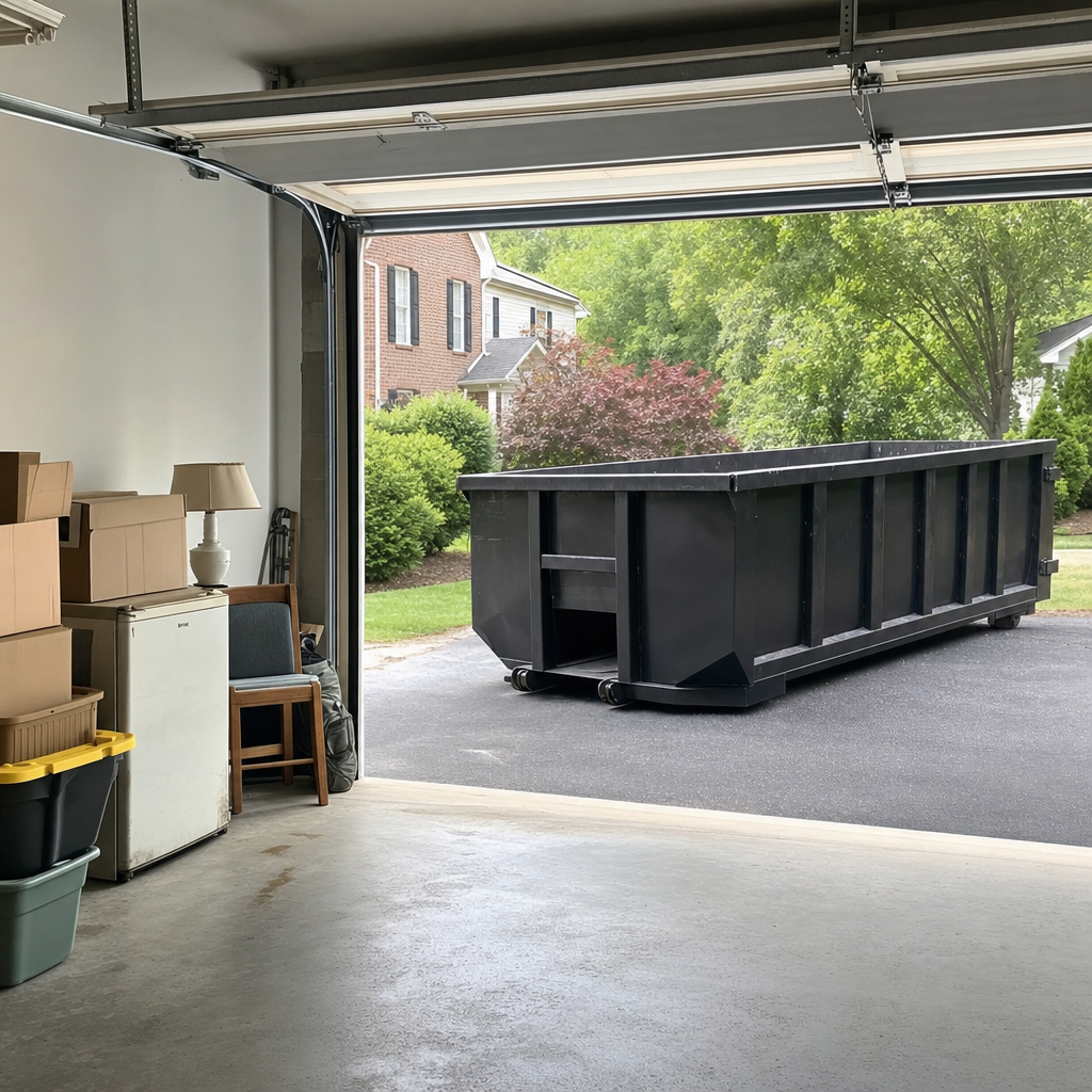 Open garage interior in a Tremonton home mid-cleanout — boxed items, an old appliance, and stacked yard tools queued near the driveway for a matte-black roll-off dumpster, organized and calm