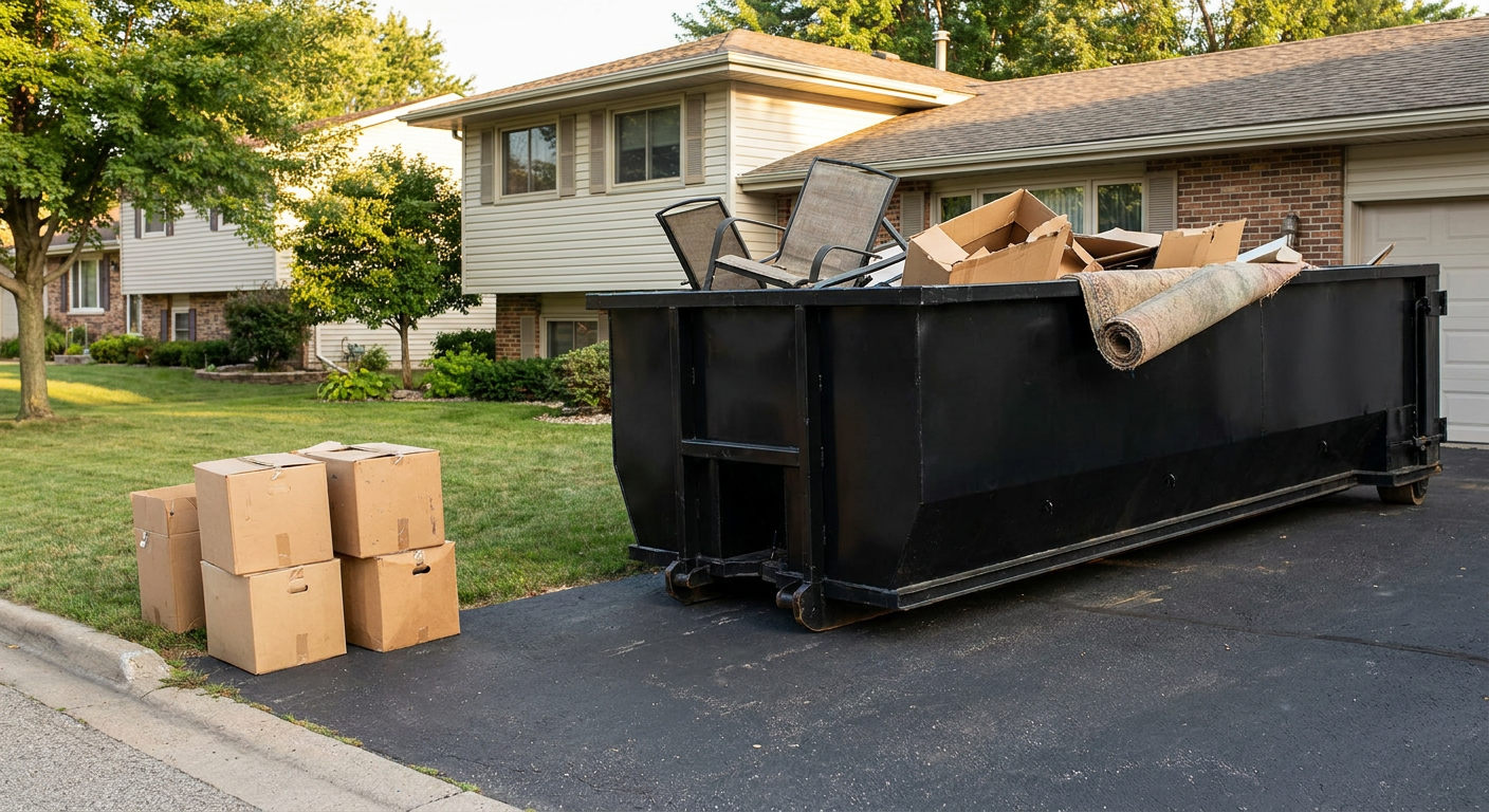 Front-yard view of a Tremonton split-level home with a 20-yard matte-black roll-off dumpster sitting directly on the asphalt driveway, a few clearly labeled donation boxes staged at the curb, calm sunny afternoon.
