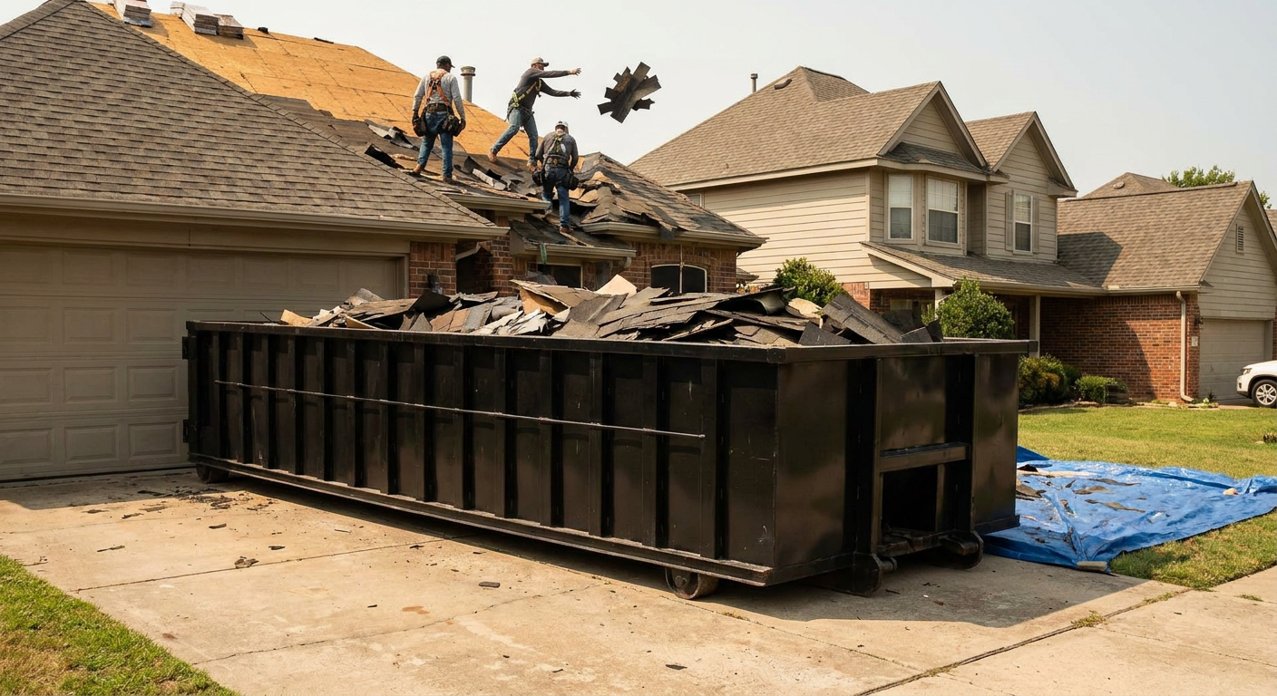 Matte-black roofing roll-off dumpster placed directly on a Tremonton residential concrete driveway, a tear-off crew on a two-story asphalt-shingle roof tossing shingle bundles into the low-walled container, bright daylight, documentary 35mm perspective.