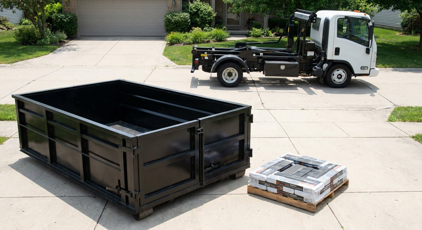 Matte-black 15-yard roofing roll-off dumpster with reinforced low side walls sitting directly on a Tremonton residential concrete driveway, three-tab asphalt shingle bundles stacked nearby, an unmarked white hauler truck partially visible at the edge of the frame.