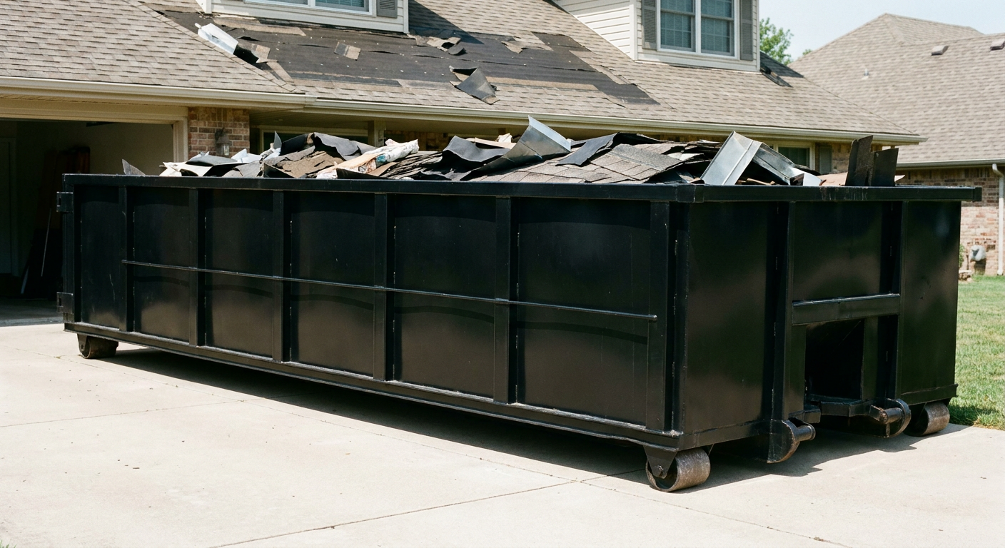 Matte-black 20-yard roofing roll-off dumpster with steel ribbed sides and swinging rear door, sitting directly on the concrete driveway of a two-story Tremonton home, asphalt shingle debris being loaded over the low wall, clean documentary lighting.