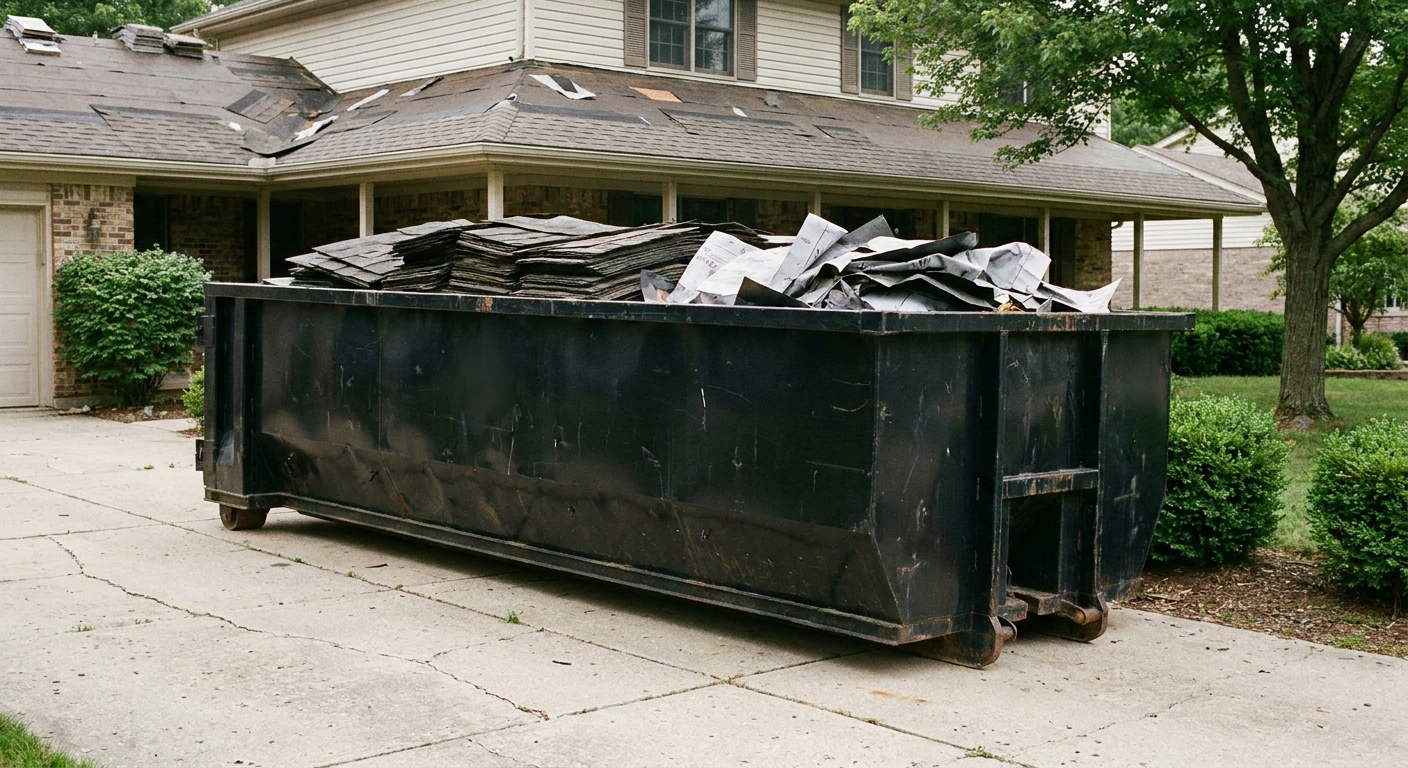 Matte-black 30-yard roofing roll-off dumpster sitting directly on a Tremonton concrete driveway, taller ribbed steel side panels, mixed tear-off debris of asphalt shingles and underlayment inside, professional documentary daylight.