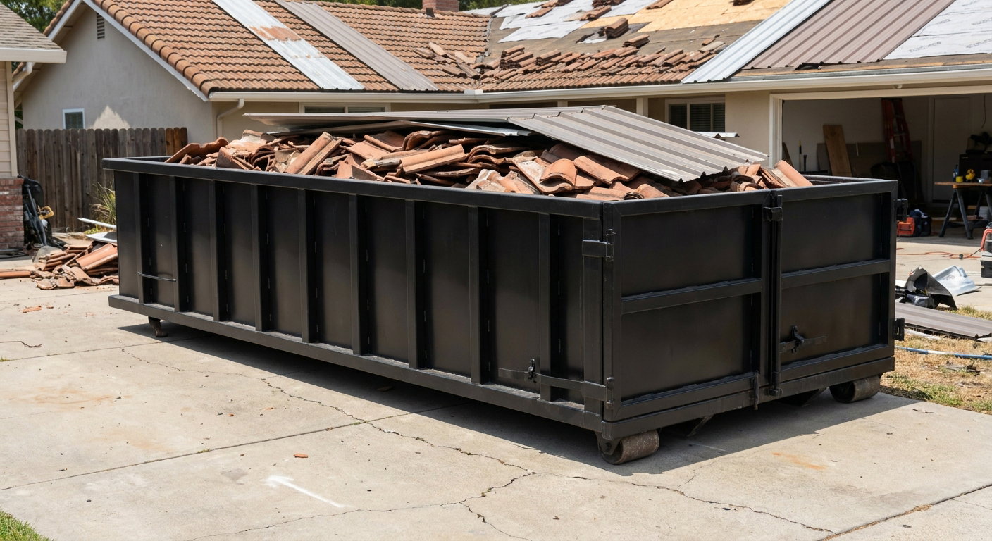Matte-black low-wall heavy-debris roofing roll-off dumpster sitting directly on a Tremonton concrete driveway, broken concrete clay roof tiles and metal panel sections loaded inside, reinforced ribbed steel side walls visible, bright outdoor daylight.