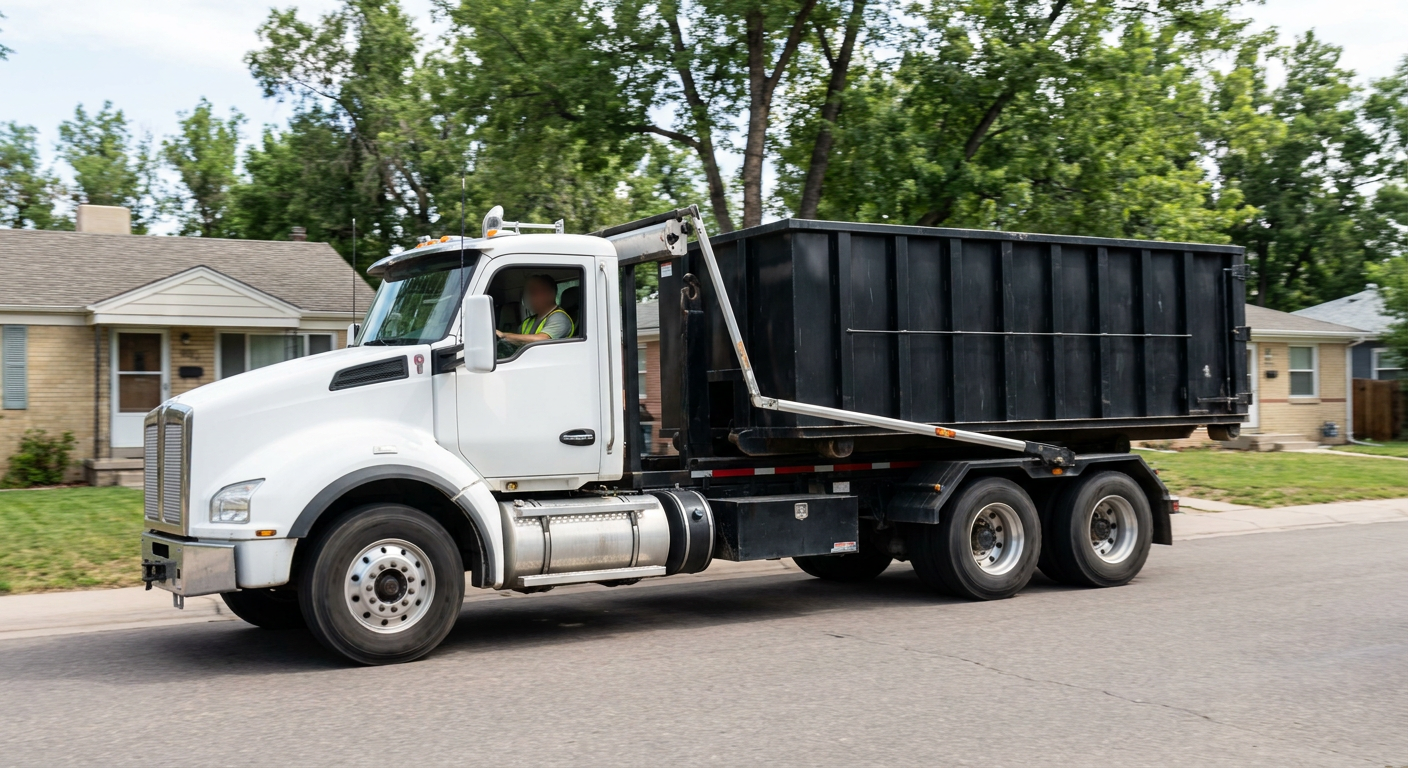 A wide documentary shot of a matte-black roll-off delivery truck pulling onto a quiet Tremonton residential street at mid-morning, with neighborhood rooftops and tree-lined blocks visible behind, showing the metro coverage footprint.