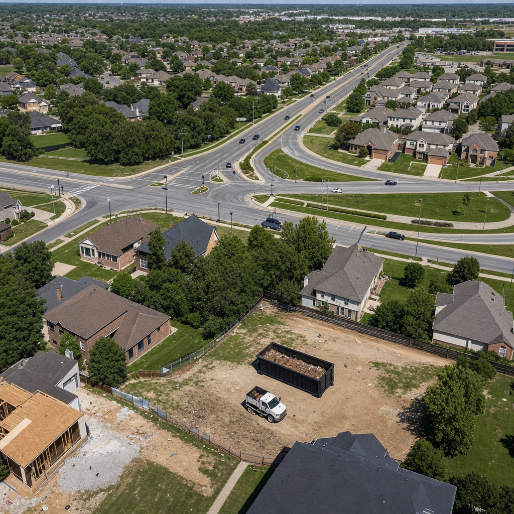 An overhead documentary view of the Tremonton metro area at midday, showing the spread of neighborhoods, arterial roads, and the dispatch radius from a central yard — clean daylight, organized geographic layout.
