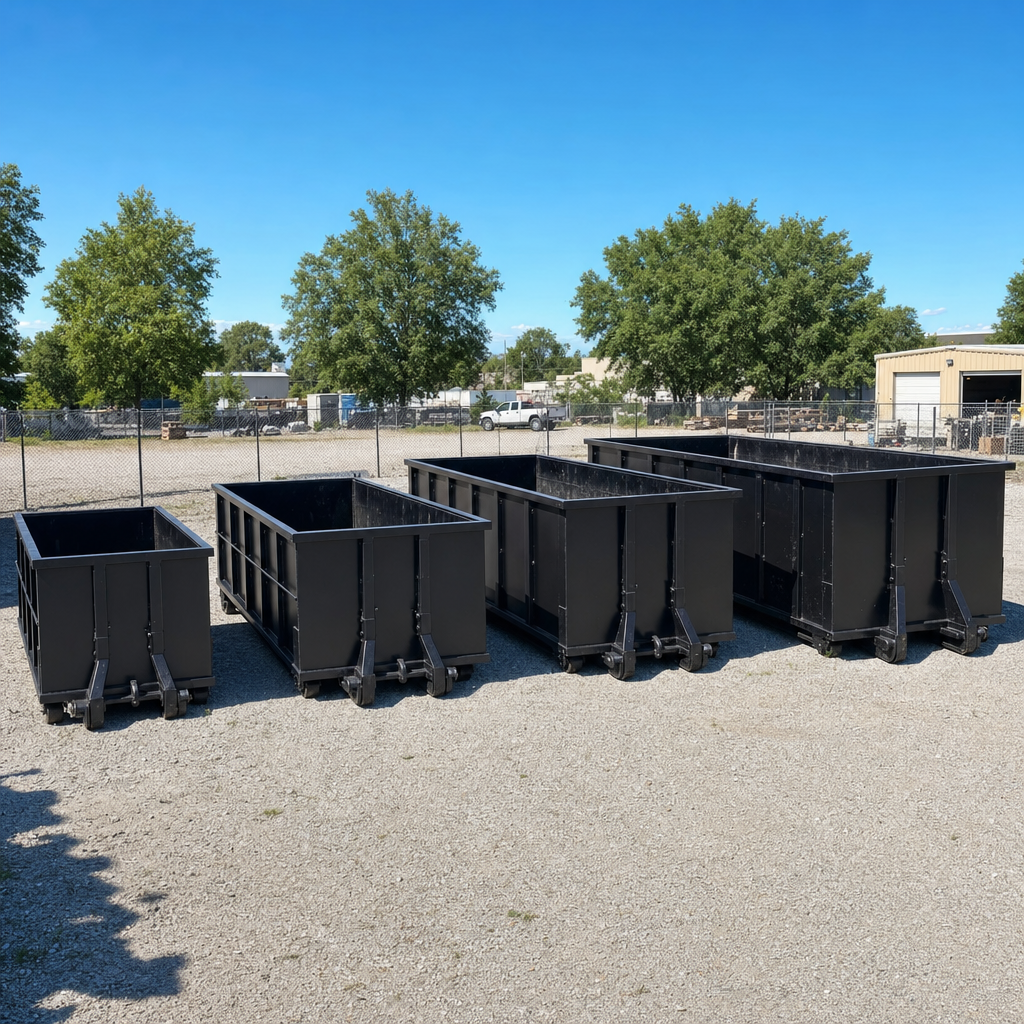 A clean lineup of matte-black roll-off dumpsters in 10, 20, 30, and 40-yard sizes staged on a sunlit gravel yard in Tremonton, showing the size progression from compact to commercial-scale containers.