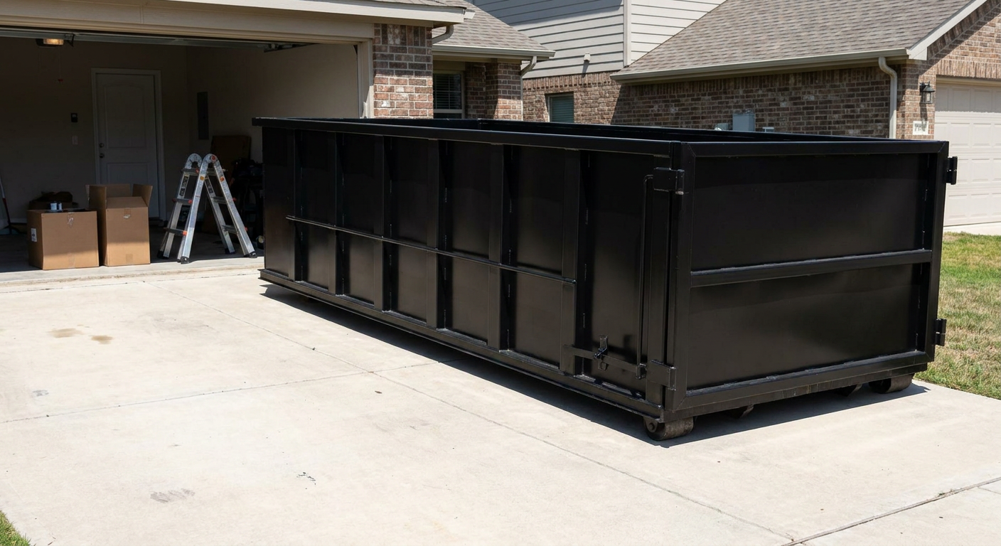 A matte-black 10-yard roll-off dumpster sitting directly on a residential Tremonton concrete driveway, mid-day sunlight, clean and ready for a garage cleanout.