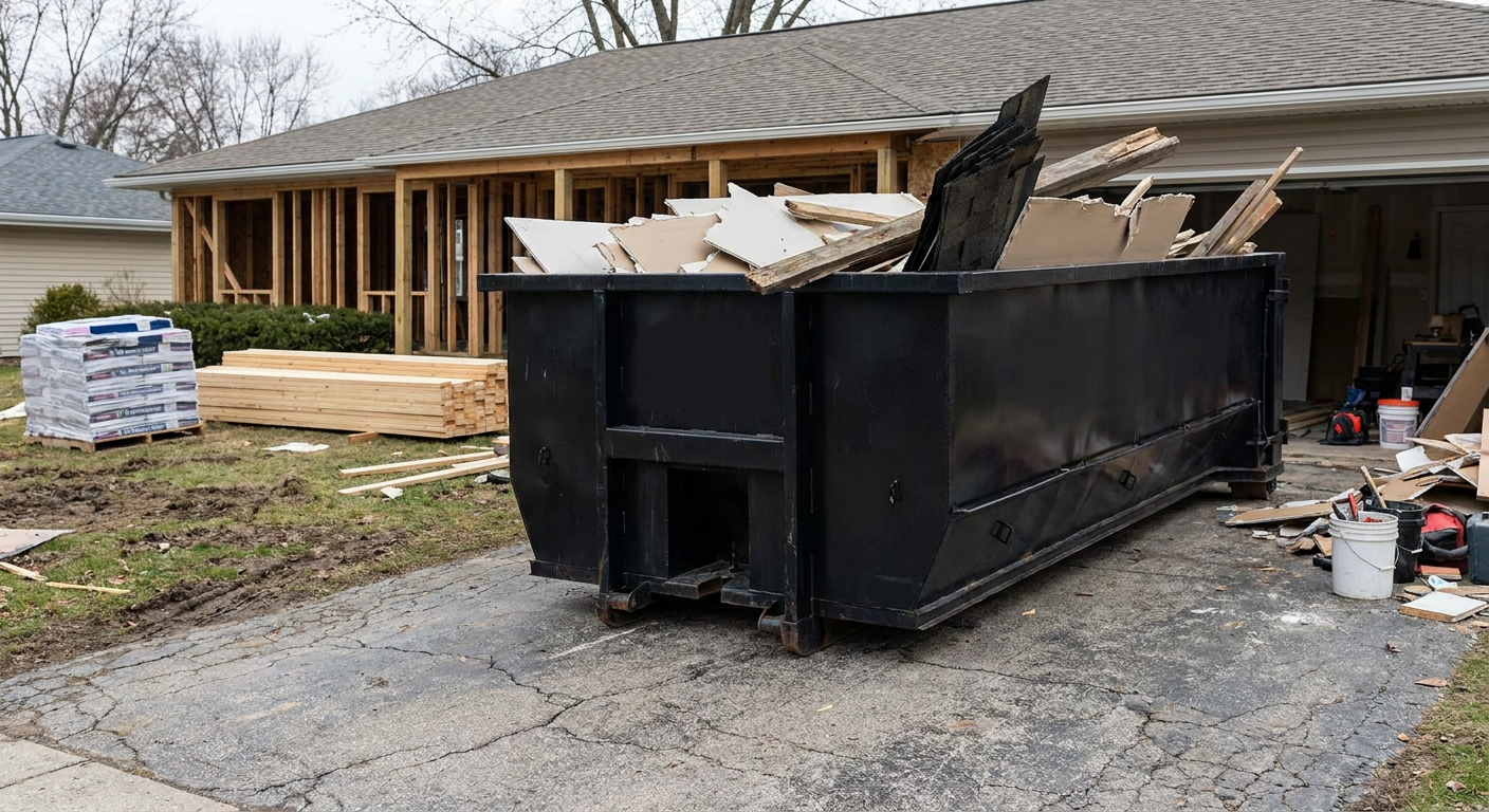 A matte-black 20-yard roll-off dumpster placed alongside a mid-renovation Tremonton home directly on the asphalt driveway, with framing materials and torn-off shingles staged neatly nearby.