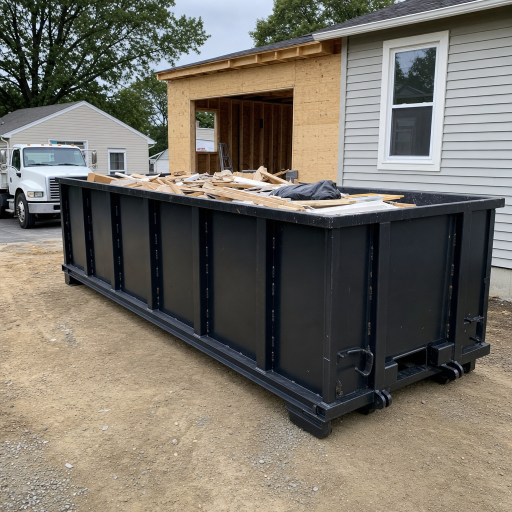 A matte-black 30-yard roll-off dumpster positioned at a Tremonton residential addition jobsite, with framing lumber and drywall scraps loaded through the open swinging rear doors.