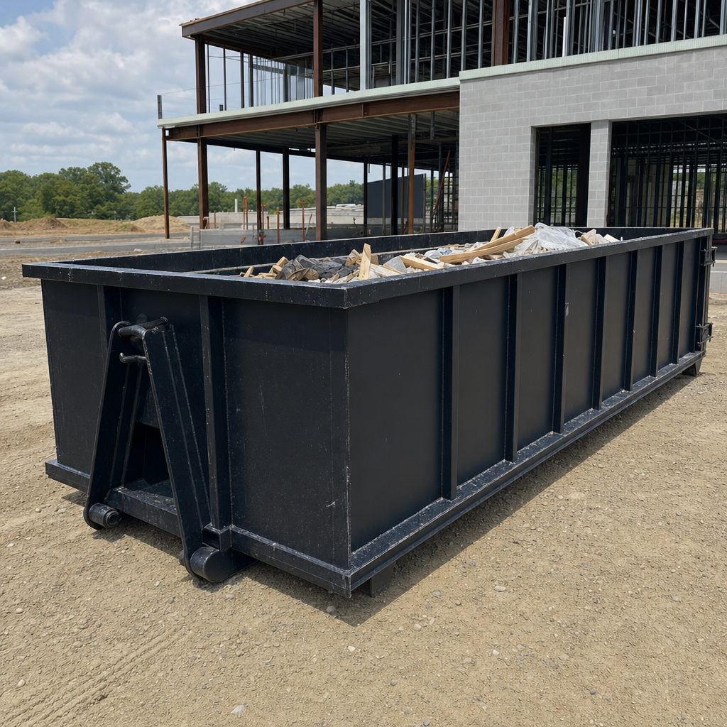 A matte-black 40-yard roll-off dumpster staged on a large Tremonton commercial construction lot, with a hooklift delivery truck parked alongside under bright midday sky.