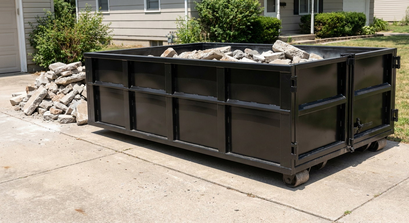 A matte-black low-side heavy-debris roll-off dumpster placed directly on a Tremonton concrete driveway, with broken concrete chunks neatly stacked beside it under clean daylight.